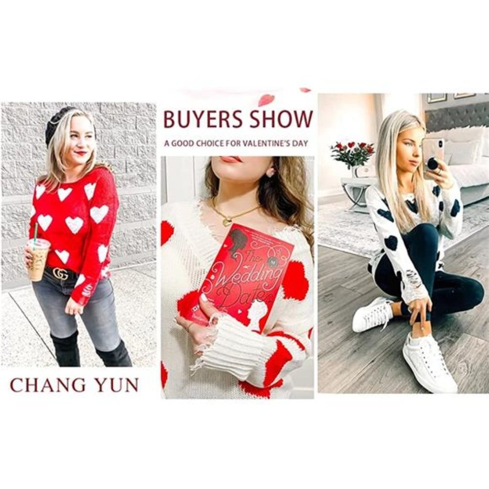 Women's Off Shoulder Pullovers Sweater Loose Hearts Printed Ripped Top, Red - Picture 4 of 5